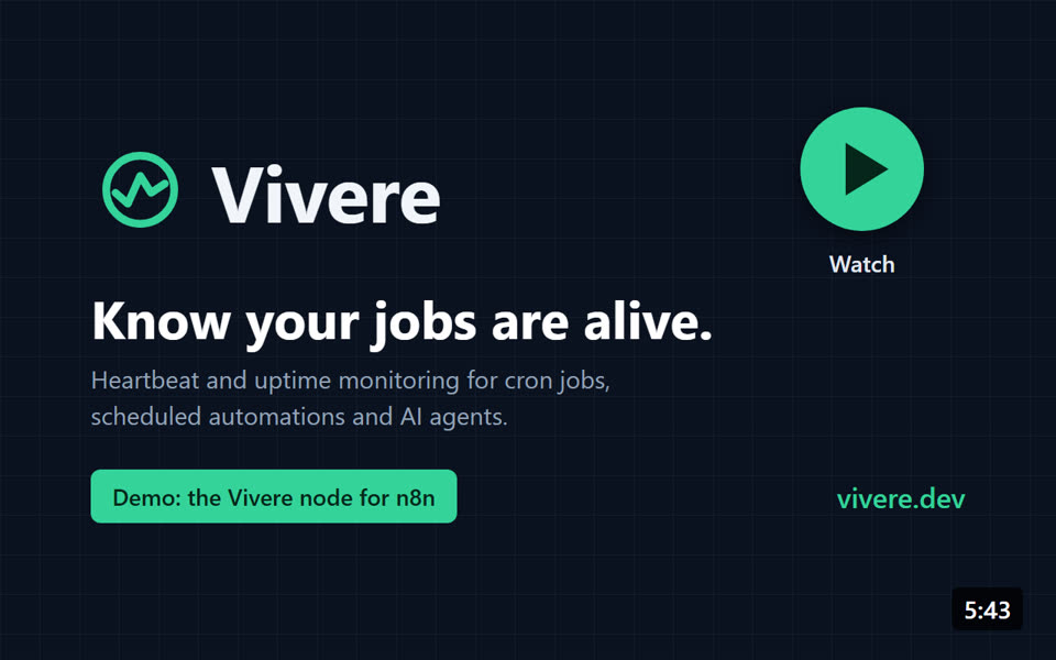 Watch the Vivere node for n8n demo on YouTube (5:43)